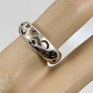 Star Ring, Moon Ring, Sterling Silver, Ring Band, Vintage Ring, Size 7 1/2